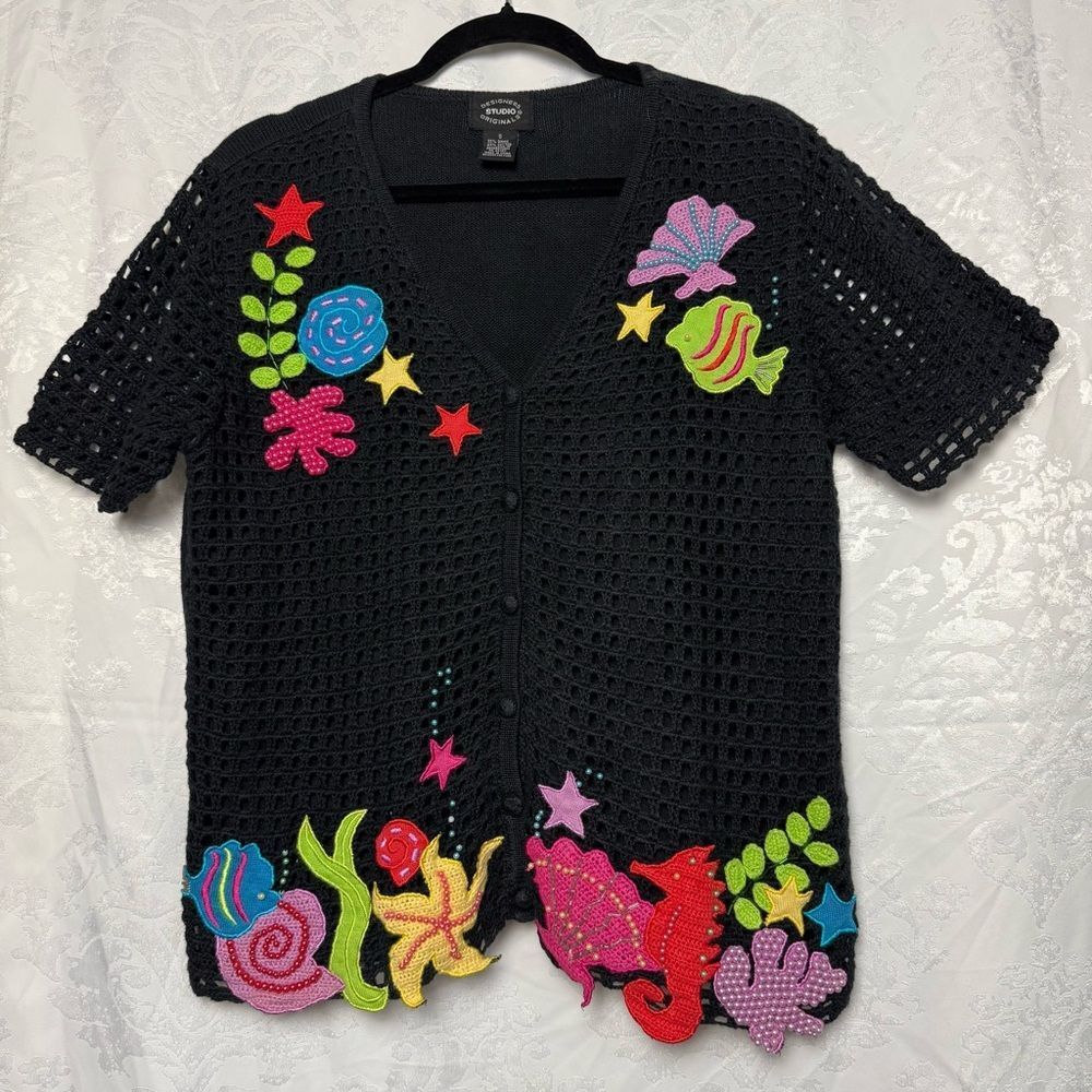 Designers Studio Knit Cardigan Button Up Womens Small‎ Black Beaded Embroidered